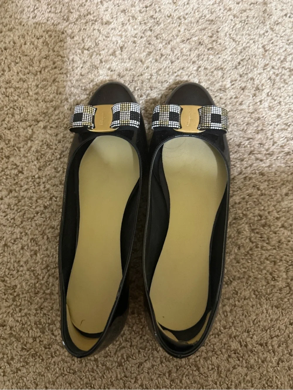 Salvatore Ferragamo Black Patent Ballet Flats with Bow and Gold Accent